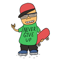 Never give up card. Smiling Teen with a Skateboard.