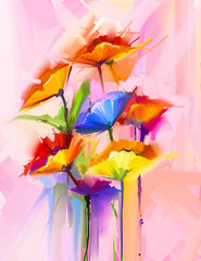 Abstract oil painting of spring flower. Still life of yellow, pink and red gerbera. Colorful bouquet flowers with light yellow, pink and red background. Hand Painted floral Impressionist style 