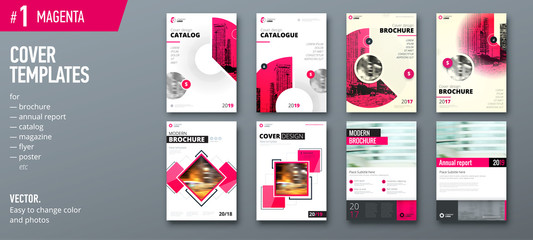 Set of cover design template for brochure, report, catalog, magazine or booklet. Creative magenta vector background concept