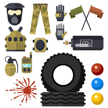 Paintball club symbols icons protection uniform and sport game design elements equipment target vector illustration