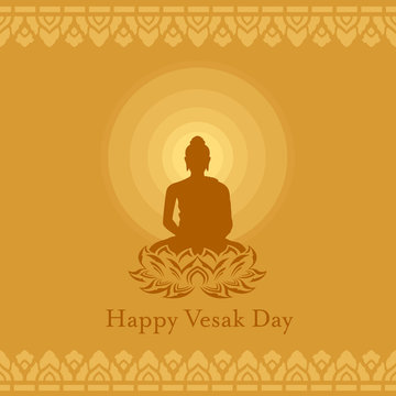 Happy Vesak day with Buddha lotus flower sign and Radius of light on yellow brown background art vector design