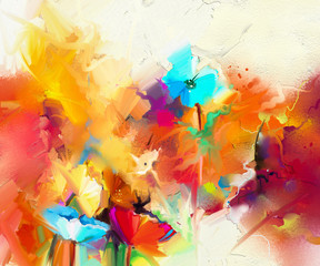 Obrazy na Szkle  Streszczenie kolorowy obraz olejny na płótnie. Semi-abstrakcyjny obraz kwiatów, w kolorze żółtym i czerwonym z niebieskim kolorem. Ręcznie rysowane pociągnięcia pędzlem, obrazy w kolorze olejnym. Nowoczesne obrazy olejne na tle