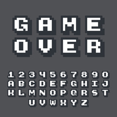3d pixel video game 8 bit font. Poster typeface with shadow 3d effect. Set of retro style latin capital letters and numbers. Vector illustration font.