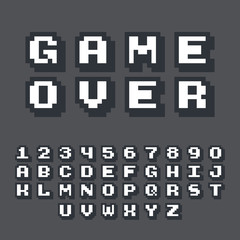 3d pixel video game 8 bit font. Poster typeface with shadow 3d effect. Set of retro style latin capital letters and numbers. Vector illustration font. © lettett