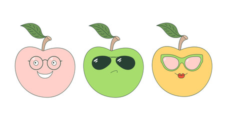 Set of hand drawn cute funny stickers with pink, orange and green apples wearing different glasses.