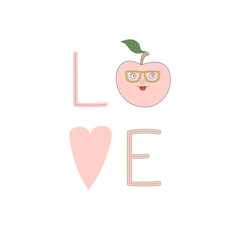 Hand drawn typographic poster with word love, heart and cute funny apple in glasses.