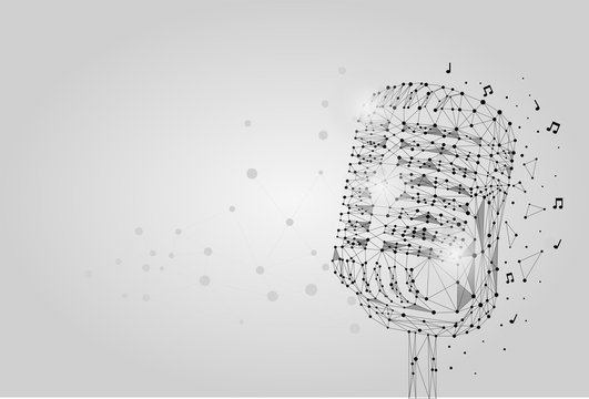 Abstract mash line and point image of a microphone. Vintage microphone vector wireframe concept