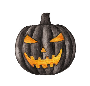 Halloween pumpkin with light reflection, Hand drawn holiday watercolor illustrations isolated on white background.