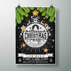 Vector Merry Christmas Party design with holiday typography elements and gold stars on vintage wood background.