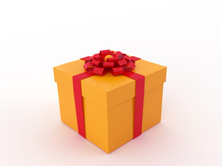 3d illustration of a orange gift box with a red ribbon isolated on a white background.
