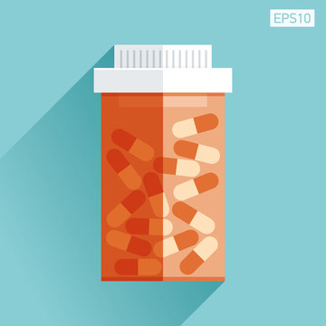 Jar with medicine. Medical icon in flat style, orange pill bottle on color background. Vector design element