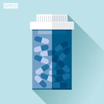 Jar with medicine. Medical icon in flat style, blue pill bottle on color background. Vector design element