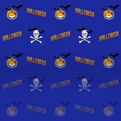 Halloween Background, 3D, white skull and crossed bones, smiling pumpkin and flying bats.