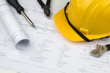 engineer construction business work concept : engineering blueprint diagrams paper drafting and industrial equipment