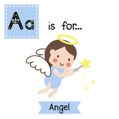 Cute children ABC alphabet A letter tracing flashcard of Flying Angel with magic wand in her hand for kids learning English vocabulary in Happy Halloween Day theme.