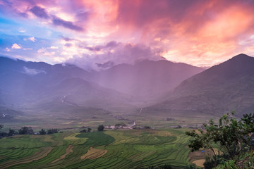 Viewpoint rice field terraced and mountain at colorful sunset in Tule