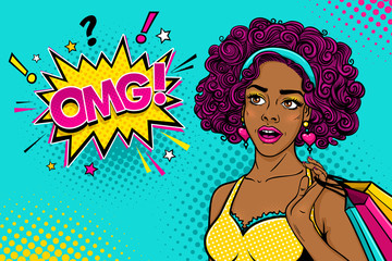 Wow female face. Sexy surprised young afro woman with open mouth and curly hair holding shopping bags and looking at the OMG! speech bubble. Vector colorful background in pop art retro comic style. 