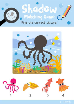 Shadow matching game by finding the correct picture of Magenta Octopus animals for preschool kids activity worksheet colorful printable version layout in A4 vector illustration
