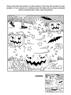 Connect the dots picture puzzle and coloring page - Halloween scene with witch hat, pumpkins, bats, and young witch legs. Answer included.
