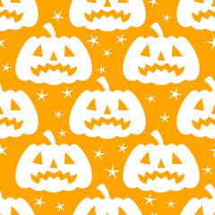 seamless Halloween pattern with set of scary pumpkins