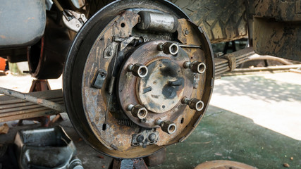 Old and rusty car's suspension, which removes the wheels for repair, replacement and change news parts -Automotive industry and garage concepts.