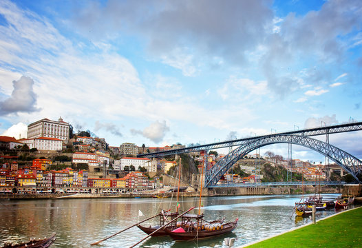 Bishops Palace And Dom Luis Bridge, Portugal, Retro Toned