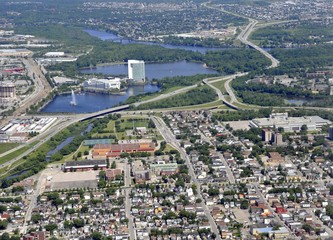aerial view of Gatineau Quebec, Canada; view of lake Leamy and the Casino