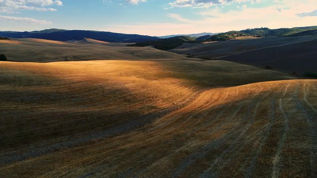 Moving Aerial Shot of the Harvested Fields, Trees and Hills