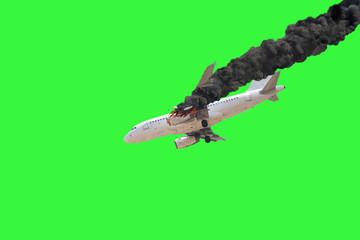 Airplane crash isolated on green screen.