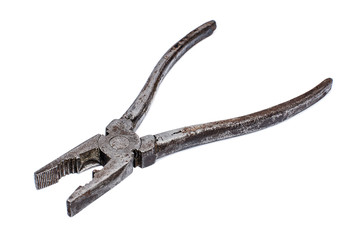 Old shabby pliers on white background
