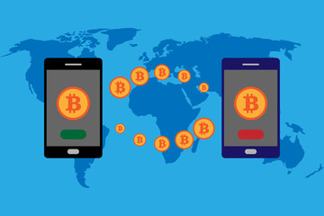 Bitcoin transfer via smartphone. Vector illustration