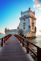 Torre of Belem in sunset light, famouse landmark of Lisbon, Portugal, retro toned