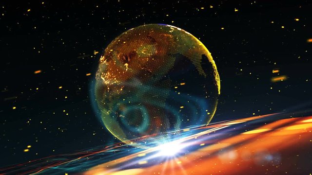 Earth planet holographic/The Earth planet holographic virtual model on an abstract technological background. Background made of different elements of pcb, particles and optical flares.