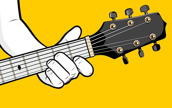 Man hand playing guitar D minor chord