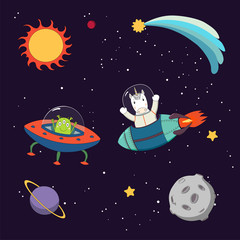 Hand drawn colorful vector illustration of a cute funny alien in a flying saucer and unicorn astronaut in a rocket, on a dark background with stars and planets. © Maria Skrigan