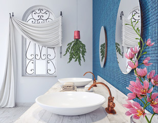 Classic bathroom design with blue mosaic tiles and  pink orhidea flowers 3D Rendering - obrazy, fototapety, plakaty