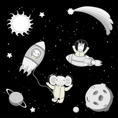Hand drawn black and white vector illustration of a cute funny unicorn and panda astronauts in rockets and elephant on a spacewalk, on a background with planets.