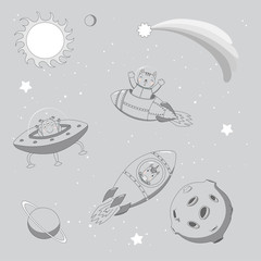 Hand drawn monochrome vector illustration of a cute funny alien in a flying saucer and unicorn and cat astronauts in rockets, on a background with planets.