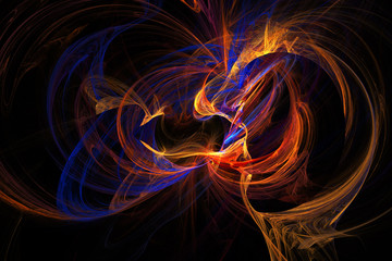 Abstract blue, red and yellow swirly shapes on black background. Fantasy chaotic fractal texture. 3D rendering.
