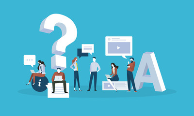 FAQ. Flat design business people concept for answers and questions. Vector illustration for web banner, business presentation, advertising material. - obrazy, fototapety, plakaty
