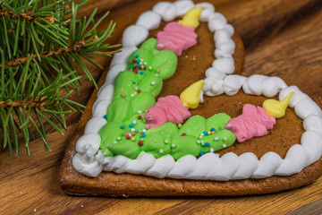 Fototapeta na wymiar Christmas gingerbread cookie and spruce branch
