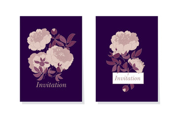 rose color peony flower on black background vector illustration. sketch hand drawn floral pattern for card, wedding invitation, surface design