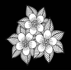 Doodle floral pattern in black and white. Page for coloring book: very interesting and relaxing job for children and adults. Zentangle drawing. Flower carpet in magic garden
