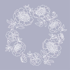 peony flower wreath vector illustration. line sketch hand drawn floral pattern for card, wedding invitation, surface design