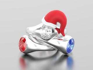 3D illustration three white gold or silver solitaire engagement diamond ring in the Christmas Santa Claus hat