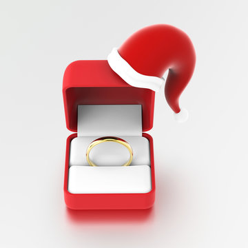 3D illustration gold engagement ring in the red box in Christmas Santa Claus hat