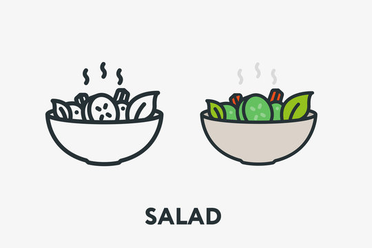 Hot Fresh Vegetable Salad Bowl Plate Vegan Cucumber Minimal Flat Line Outline Colorful and Stroke Icon Pictogram