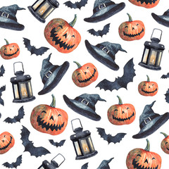 Watercolor Halloween seamless pattern. Isolated illustrations on white background - scary pumpkins, lanterns with candles inside, witch hats and bats.