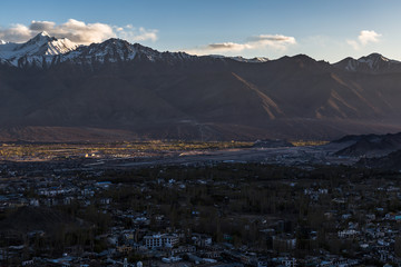 View of Leh city, the capital of Ladakh, Northern India. Leh city is located in the Indian Himalayas at an altitude of 3500 meters.