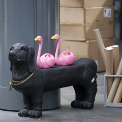 Pink plastic flamingos on a black plastic basset at the entrance to the store.
